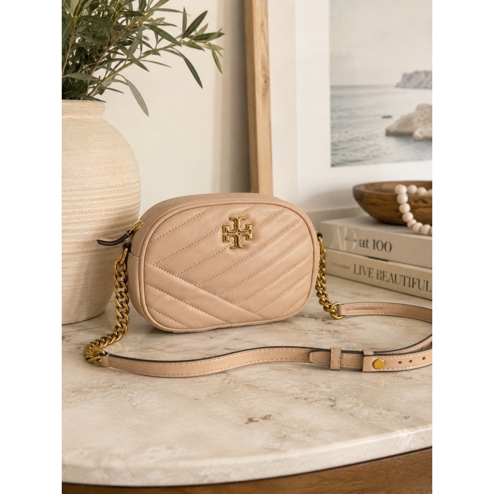Tory Burch Kira Chevron Small Camera Bag Devon Sand Beige Leather Crossbody